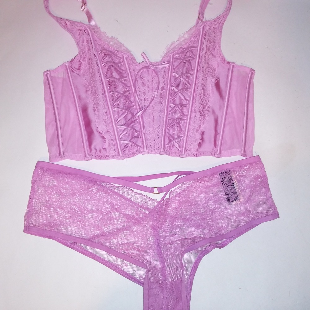 Victoria Secret Bra Set Bustier & Panty Large Pinkish Purple Lace Boned Cheeky - Picture 13 of 14